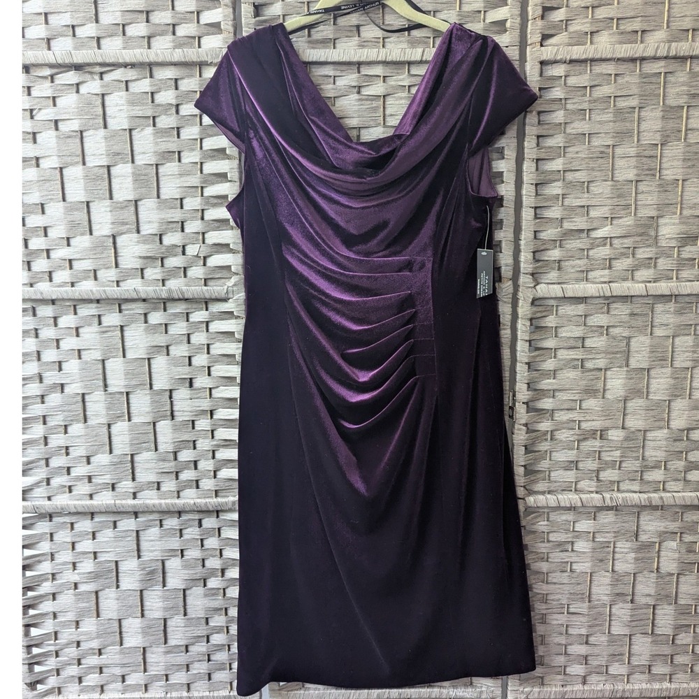 Tahari Arthur S Levine Cocktail Dress Purple Velvet Cowl Neck Ruched 14P Glam